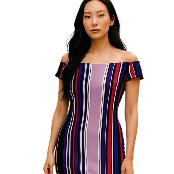 Opening Ceremony Stripe Knit Off Shoulder Dress Purple Multicolor – Size S NWT - Picture 1 of 16